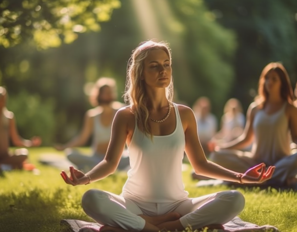 Des personnes pratiquent le yoga en plein air dans un cadre paisible de parc, entourés d'une végétation luxuriante. Ils sont vêtus de tenues de yoga é