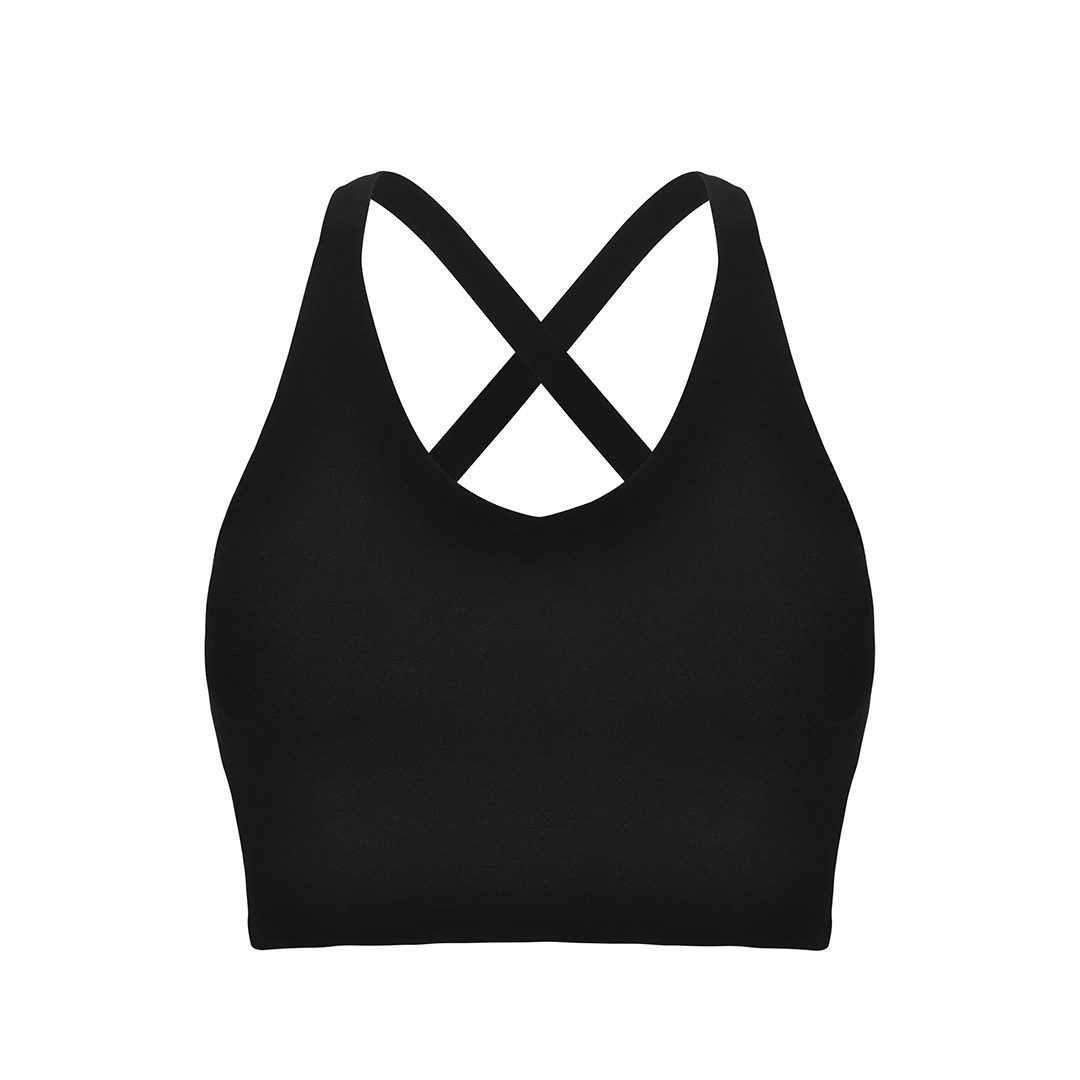 Black cross-back sports bralette.