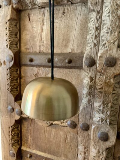 Golden hanging lamp in front of a carved wooden door