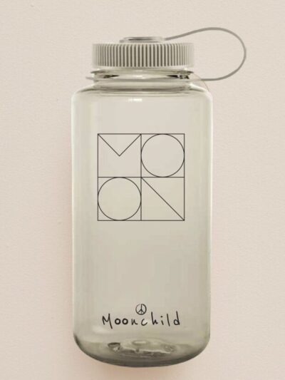 Slightly tinted transparent water bottle with Moonchild logo
