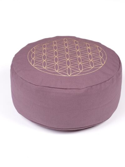Round and tall meditation cushion in thick cotton with a gold Flower of Life design on top.