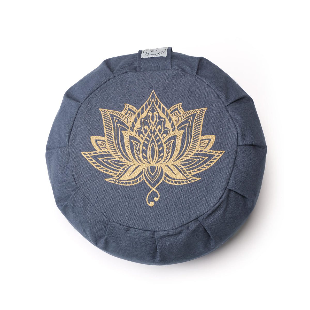 Blue meditation cushion with golden lotus pattern