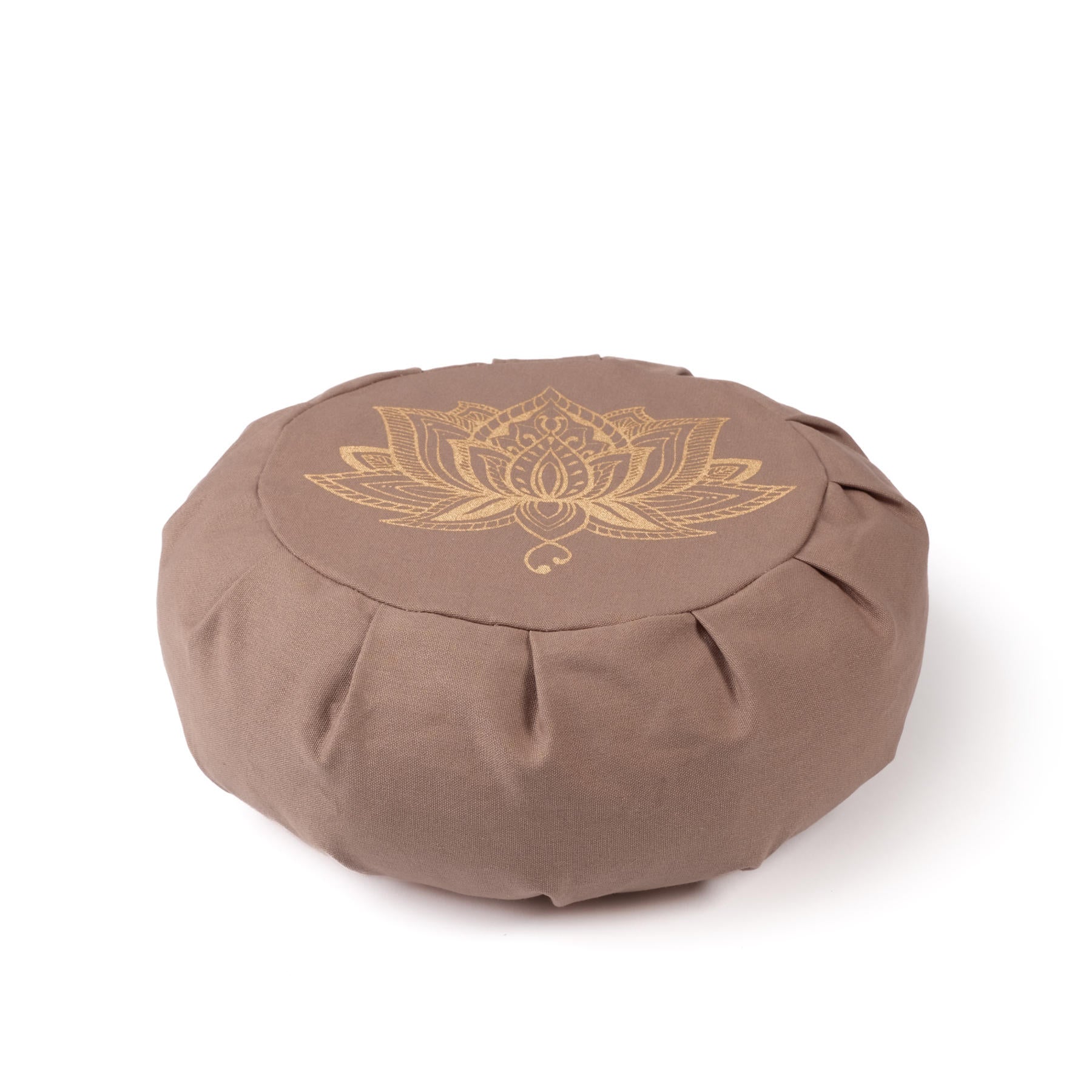 Brown meditation cushion with golden lotus pattern