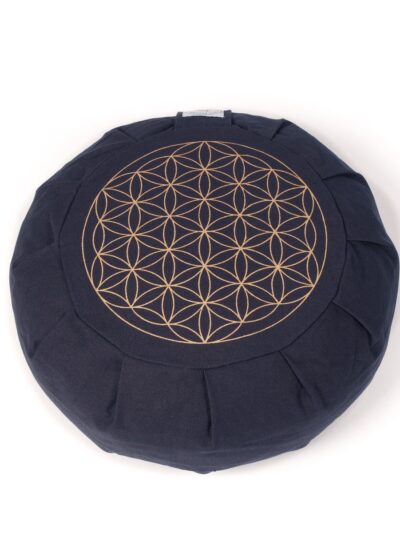 Large, round zafu-shaped meditation cushion in thick cotton with a golden Flower of Life mandala design on top, in navy blue.