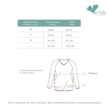 Women's sweater size guide with chest and hip measurements.