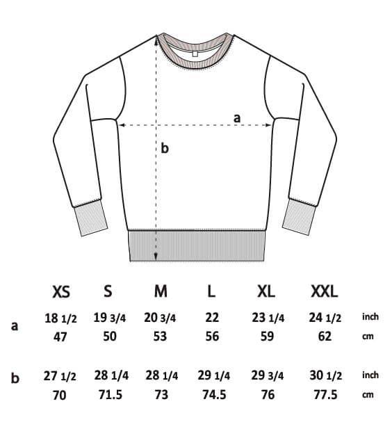 Unisex sweatshirt size guide in centimeters.