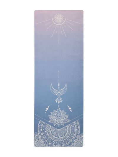 Travel yoga mat with gradient from navy to pale pink, with white sun, moon, lotus flower, mandala patterns Yoga Boutique