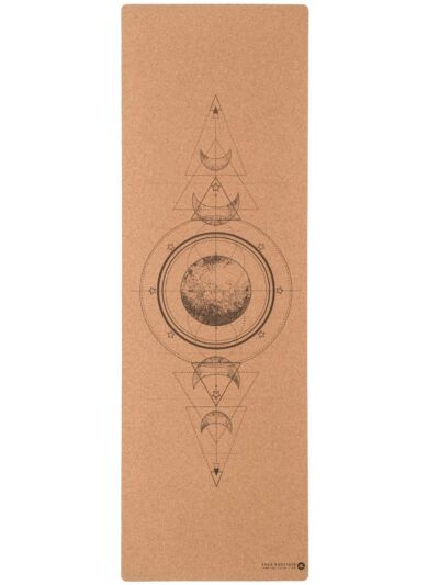 Extra-long cork yoga mat with centered black moon patterns