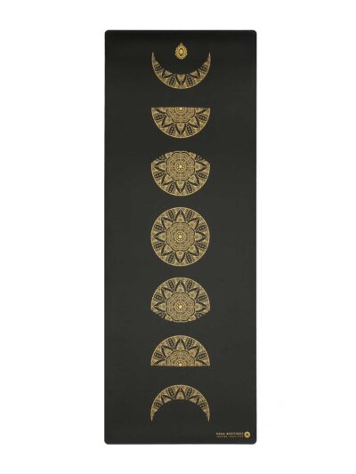 Black Supergrip yoga mat with golden moon phase patterns Yoga Boutique