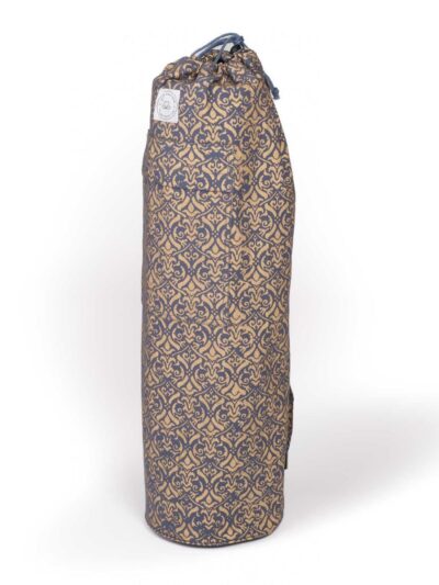 Large cotton yoga mat bag with pockets, shoulder strap, and golden block print on a blue background across the entire surface.