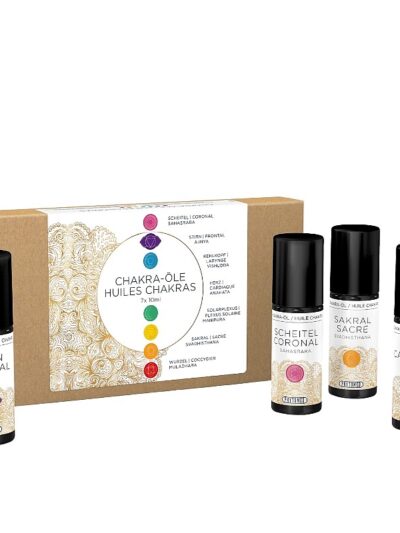 Cardboard box containing 7 small glass bottles of Phytomed chakra massage oils.