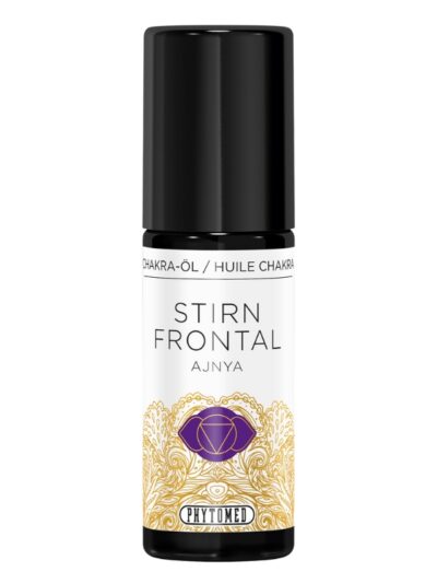 Dark glass bottle of 3rd eye chakra massage oil by Phytomed