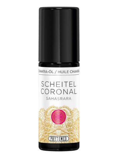 Dark glass bottle of crown chakra massage oil by Phytomed