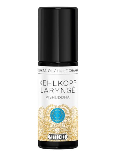 Dark glass bottle of throat chakra massage oil by Phytomed