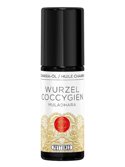 Dark glass bottle of root chakra massage oil by Phytomed