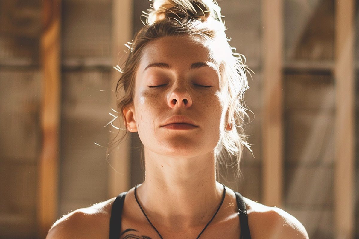 A woman with messy blonde hair, adorned with a necklace, stands in a rustic and sunny indoor setting, exuding a serene ambiance.