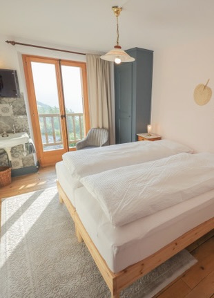 Bright room with balcony and mountain view
