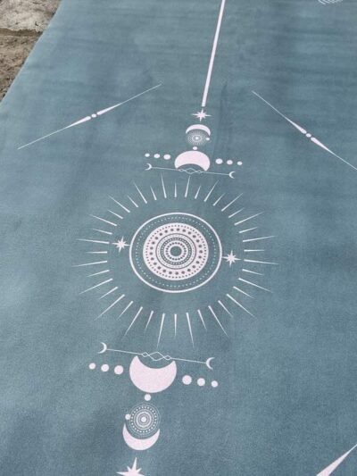 White celestial motif painted on blue ground